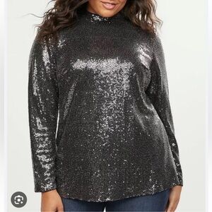 Lane Bryant Sequin Top Mock Turtleneck Black and Silver Sequin Blouse size 24